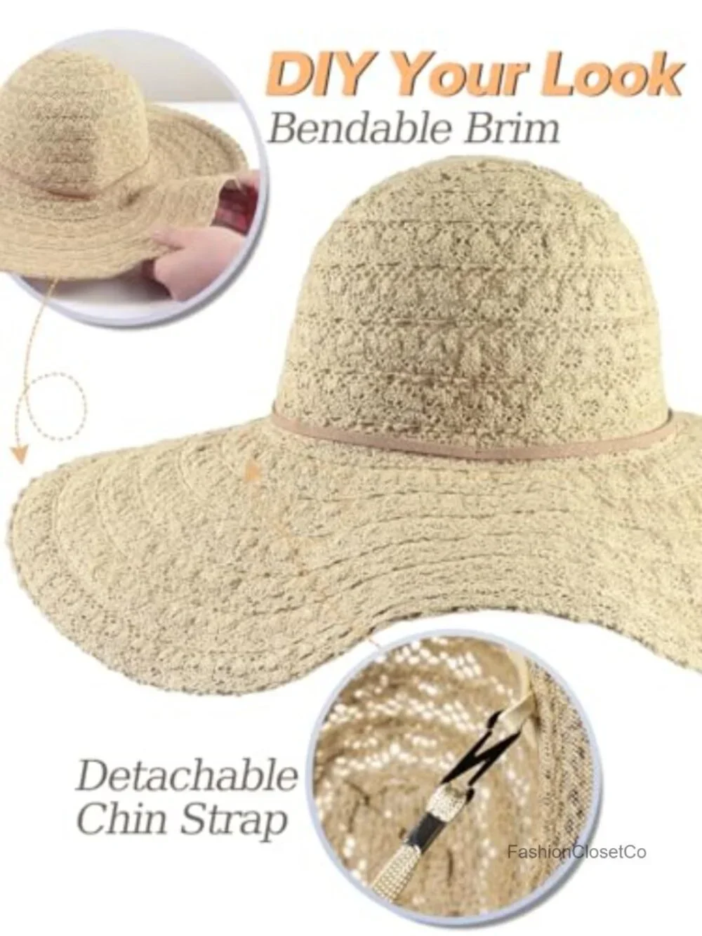 Lace Wide Brim Sun Hat Foldable Packable Travel Summer Beach Hat